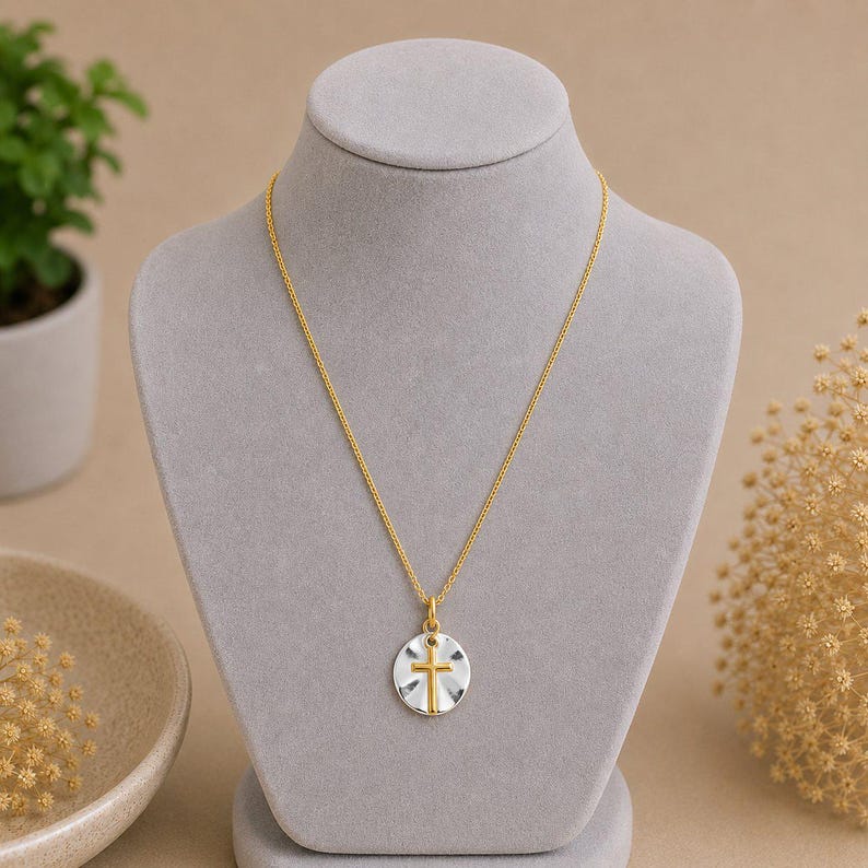 Gold Cross on Silver Two-Tone Necklace, 20 inches - Gold - - LadybugfeetDesigns -