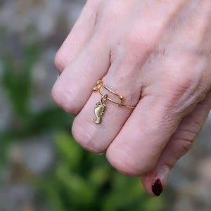 Tiny Seahorse Dangle Adjustable Charm Ring- Gold - - LadybugfeetDesigns -