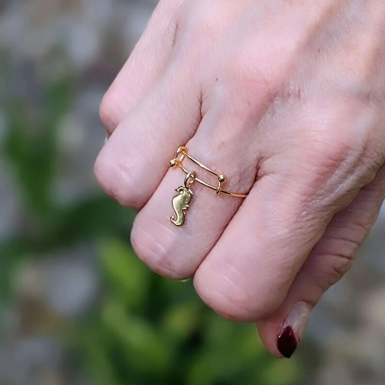 Tiny Seahorse Dangle Adjustable Charm Ring- Gold - - LadybugfeetDesigns -