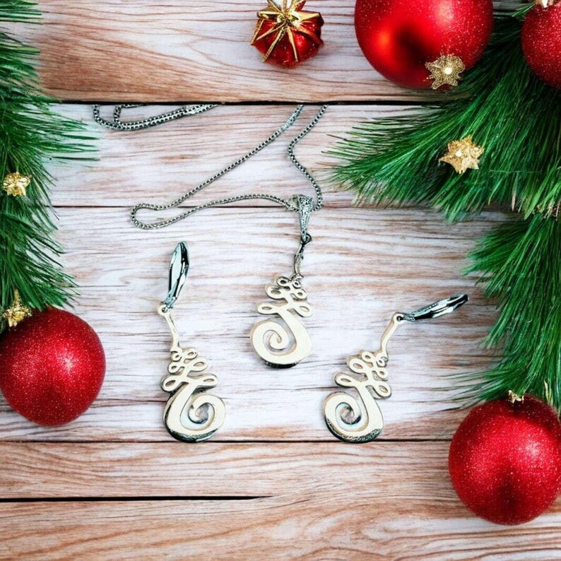 Unalome Earring/Necklace Set, Silver - Adjustable - - LadybugfeetDesigns -
