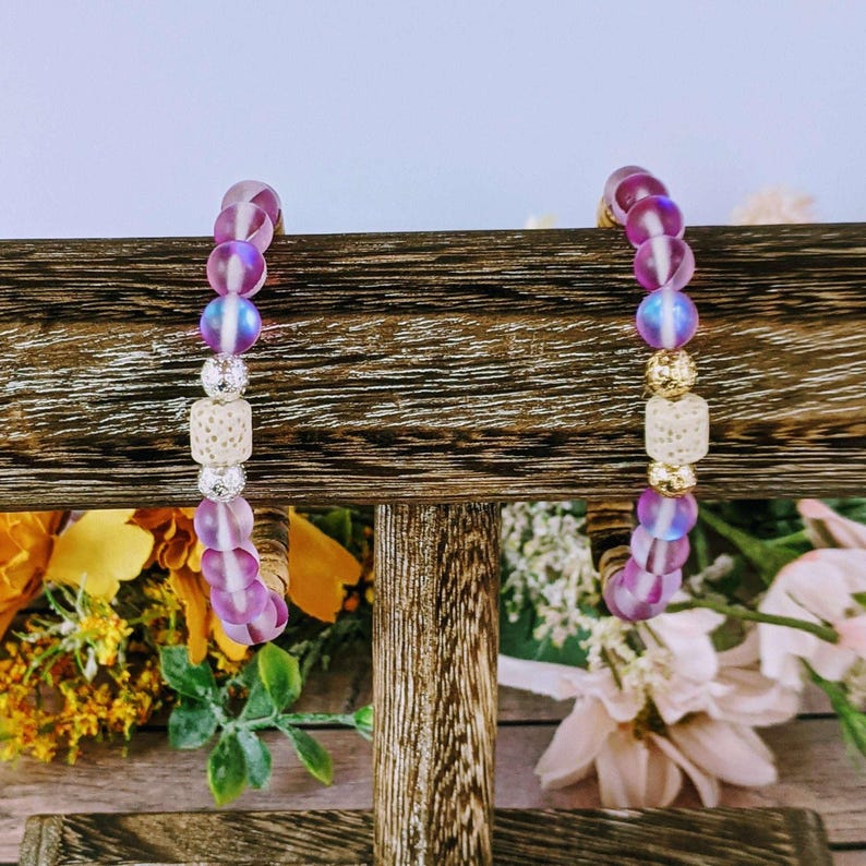 Iridescent Purple Mystic Aura Quartz Gemstone Diffuser bracelet - - LadybugfeetDesigns -