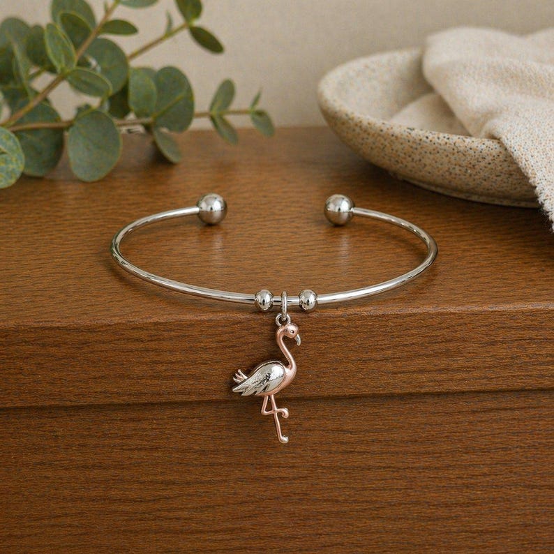 Flamingo Euro Bangle Cuff, Silver - - LadybugfeetDesigns -