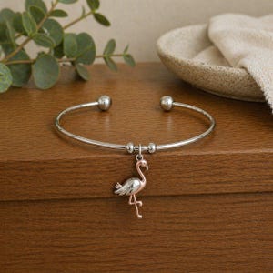 Flamingo Euro Bangle Cuff, Silver - - LadybugfeetDesigns -