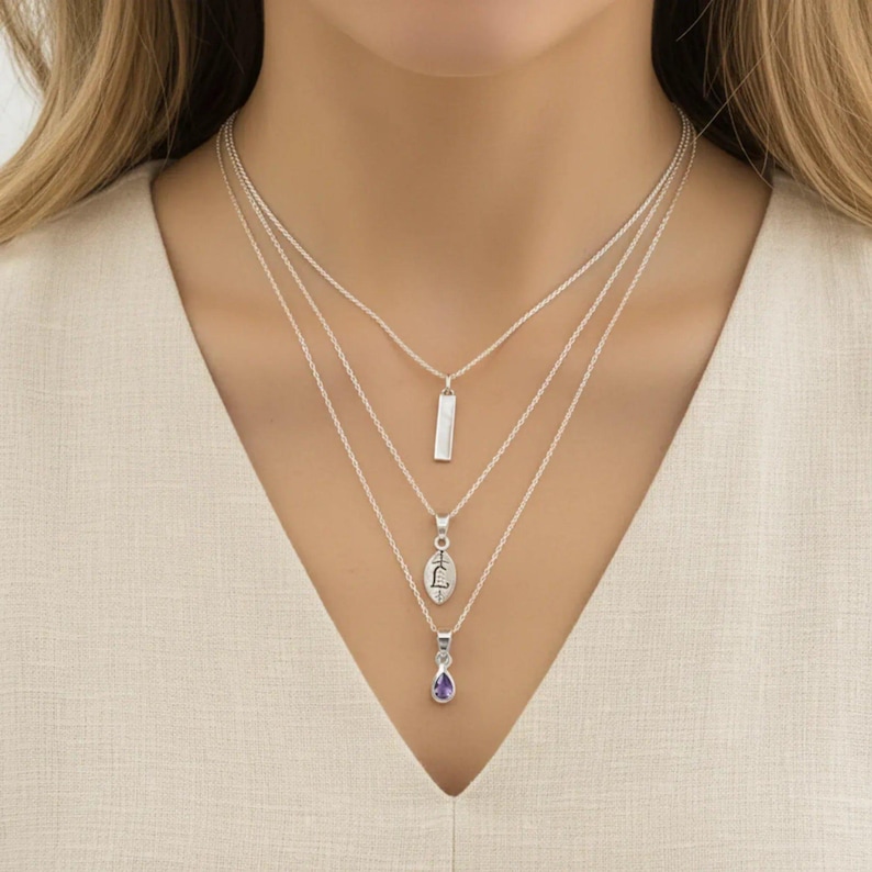 Silver Bar Amethyst Initial Leaf Layered Necklace Set, Silver - - LadybugfeetDesigns -