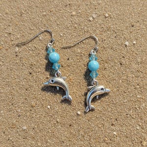 Dolphin Larimar Beaded Hook Earrings, Silver - - LadybugfeetDesigns -