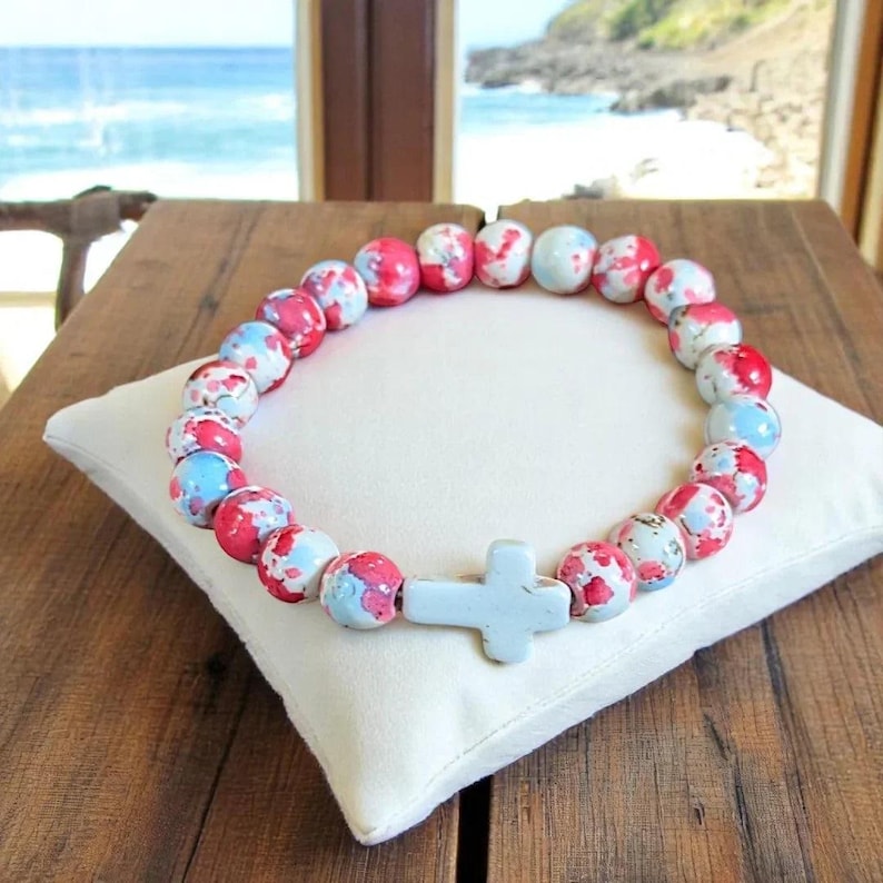 Hot Pink Baby Blue Beaded Cross Stretch bracelet - - LadybugfeetDesigns -