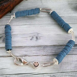 Dark Blue Smiley Stainless Steel Paperclip Chain Bracelet - - LadybugfeetDesigns -
