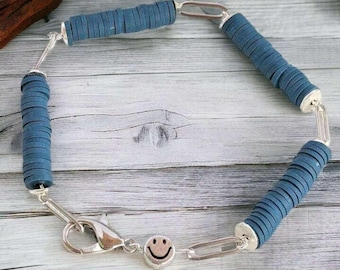 Dark Blue Smiley Stainless Steel Paperclip Chain Bracelet