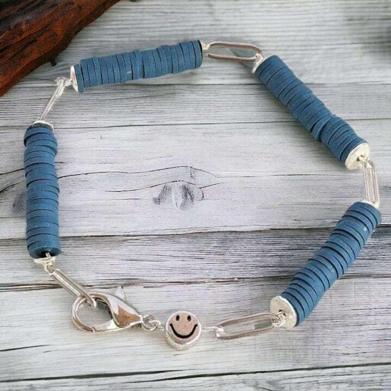 Dark Blue Smiley Stainless Steel Paperclip Chain Bracelet - - LadybugfeetDesigns -