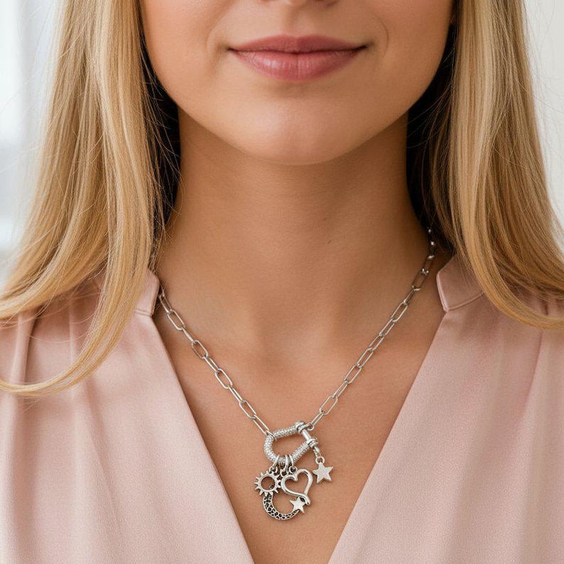 Celestial Crescent Moon and Heart Shackle Clasp Carabiner Necklace, Silver - Adjusts up to 20 inches - - LadybugfeetDesigns -