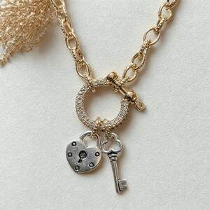 Heart Lock and Key Shackle Clasp Carabiner Necklace, Gold - 20 inch - - LadybugfeetDesigns -
