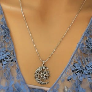 Filigree Crescent Moon Sun Necklace, Sterling Silver- 24 inches - - LadybugfeetDesigns -