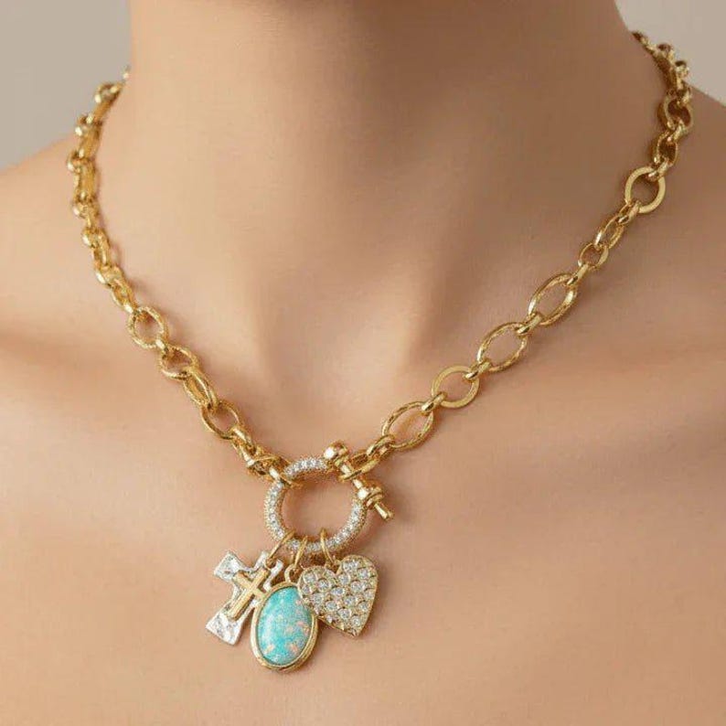 Two Tone Cross, Faux Opal and Heart Shackle Clasp Carabiner Necklace, Gold - 20 inch - - LadybugfeetDesigns -