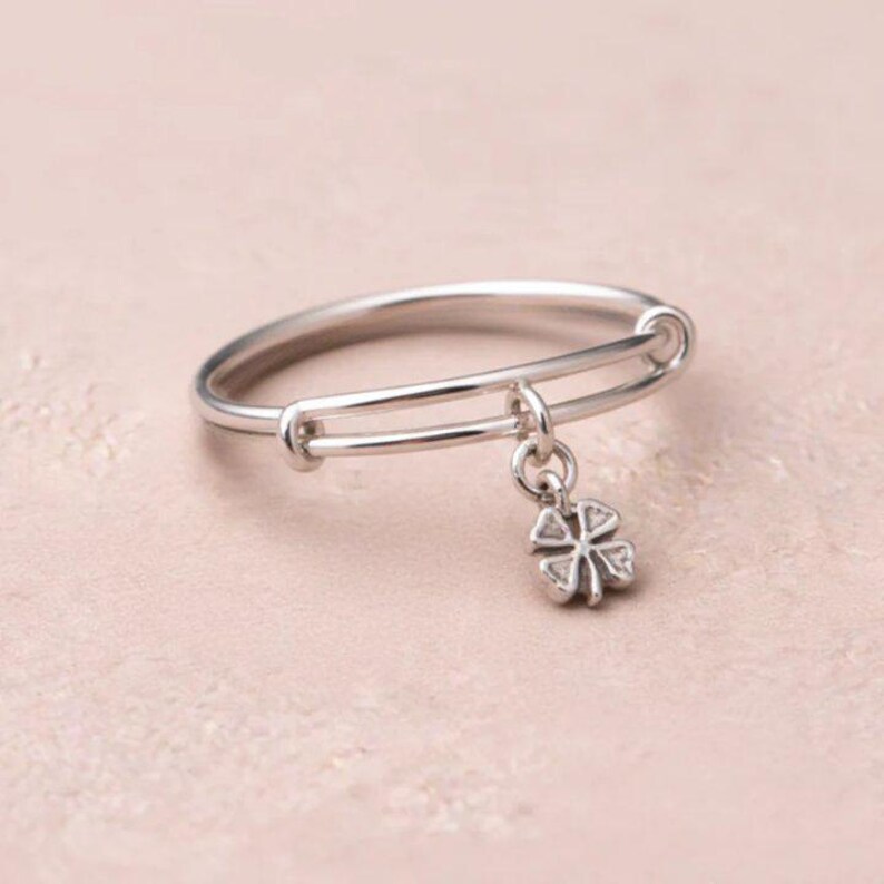 Four Leaf Clover Expandable Charm Ring, Silver - - LadybugfeetDesigns -