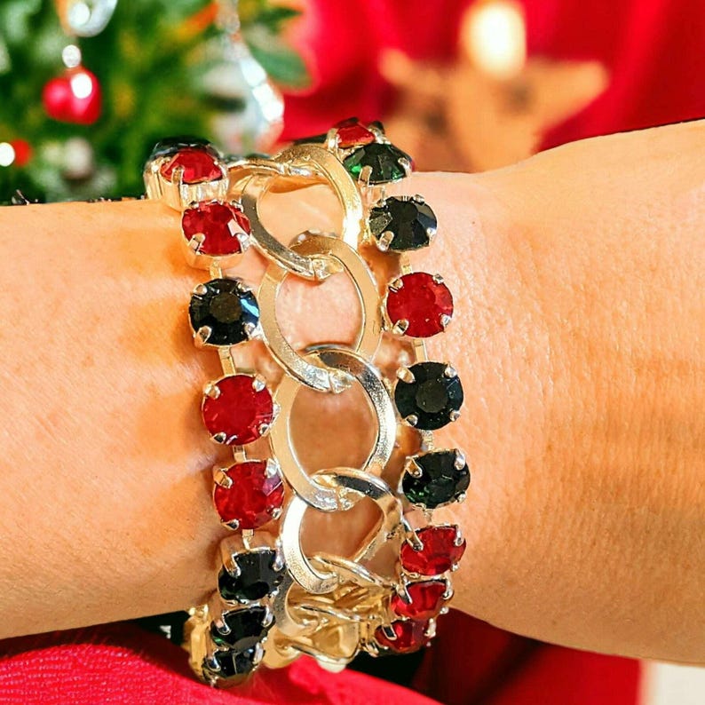 Red and Deep Green Multi Faceted Crystal Bracelet-Large 8 inch - - LadybugfeetDesigns -