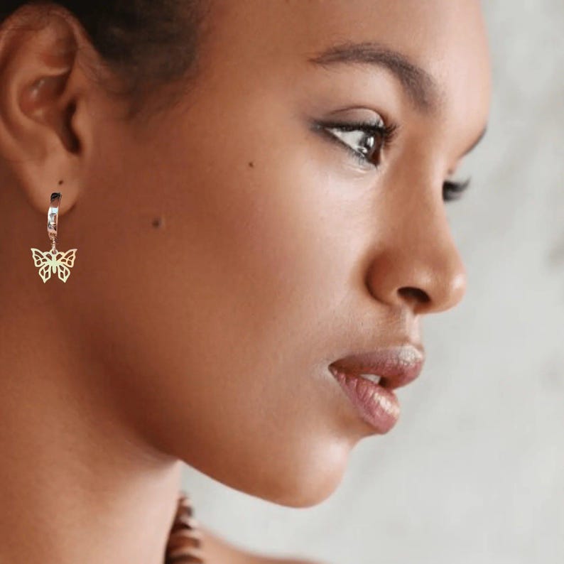 Gold Butterfly Hoop earrings, 16mm Hoop Drop - - LadybugfeetDesigns -