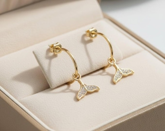 CZ Whale/Dolphin Tail Hoop Earrings, Gold - 16mm
