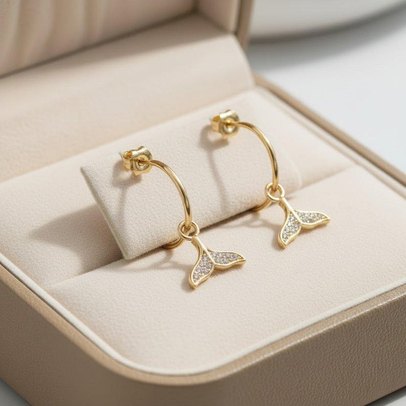 CZ Whale/Dolphin Tail Hoop Earrings, Gold - 16mm - - LadybugfeetDesigns -