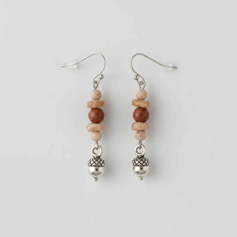 Acorn Beaded Sunstone Hook Earrings, Silver - - LadybugfeetDesigns -
