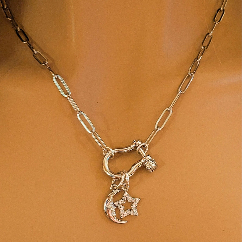 Celestial Moon CZ Star Shackle Clasp Carabiner Necklace, Silver - 20 inch - - LadybugfeetDesigns -