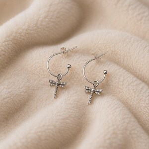 Tiny Dragonfly Mini Hoop Huggie Earrings, Silver- 12mm - - LadybugfeetDesigns -