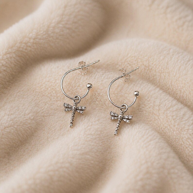 Tiny Dragonfly Mini Hoop Huggie Earrings, Silver- 12mm - - LadybugfeetDesigns -