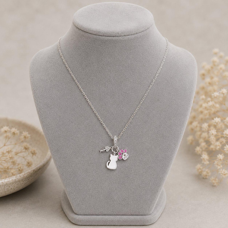 Meow Cat Trio Charm Necklace, 20 inches - Silver - - LadybugfeetDesigns -