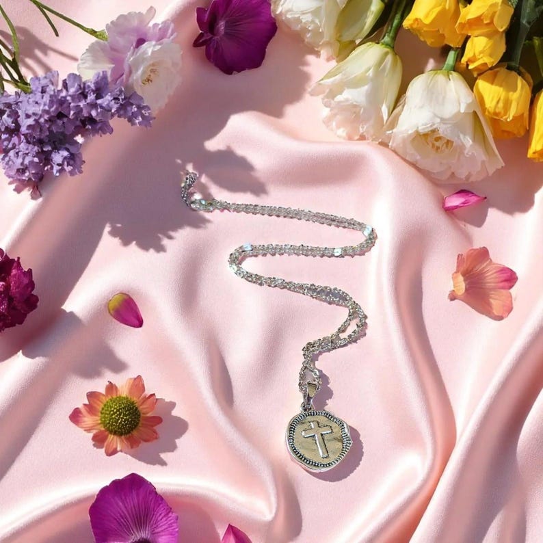 Hammered Cross Coin Necklace- Silver - 20 - 24 inch - - LadybugfeetDesigns -
