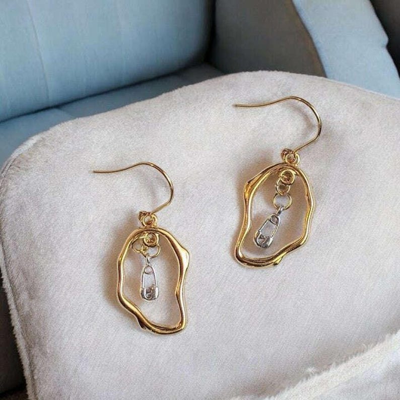 Safety Pin Two-Tone dangle earrings, Gold - - LadybugfeetDesigns -
