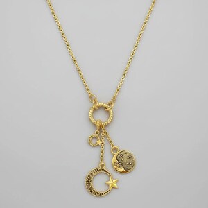 Crescent Moon Star Charm Keeper Necklace, Gold - 18 - 24 inches - - LadybugfeetDesigns -