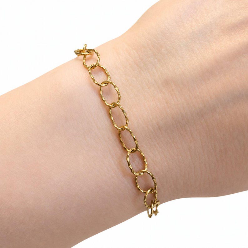 14K Gold PVD Plated Hammered Stainless Steel Charm Bracelet Base - D.i.y. - Build Your Charm Bracelet! - - LadybugfeetDesigns -
