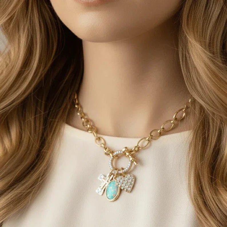 Two Tone Cross, Faux Opal and Heart Shackle Clasp Carabiner Necklace, Gold - 20 inch - - LadybugfeetDesigns -