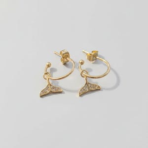 CZ Whale/Dolphin Tail Hoop Earrings, Gold - 16mm - - LadybugfeetDesigns -