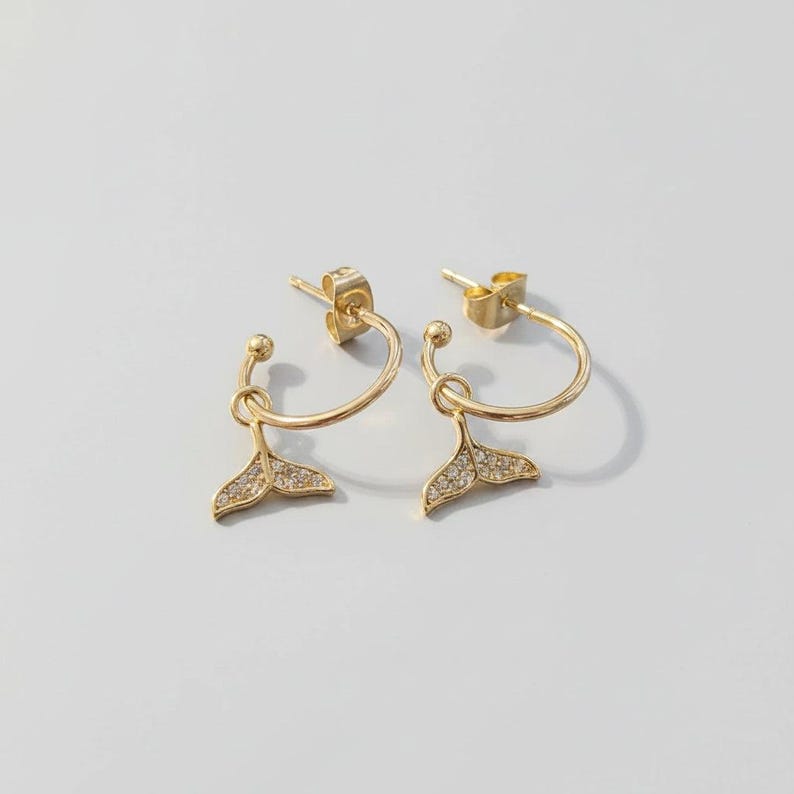 CZ Whale/Dolphin Tail Hoop Earrings, Gold - 16mm - - LadybugfeetDesigns -