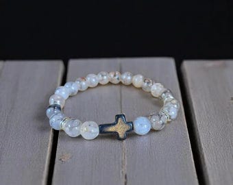 Gray Smoke Beaded Cross Stretch Bracelet-UNISEX