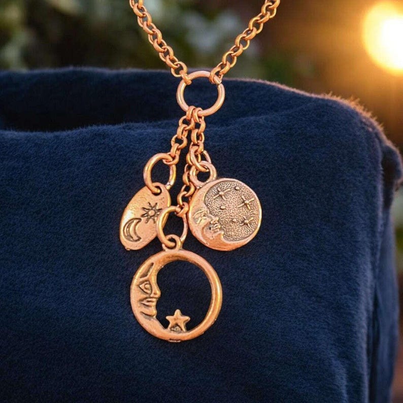 Crescent Moon Copper Charm Keeper Necklace, 18-24 inch - - LadybugfeetDesigns -