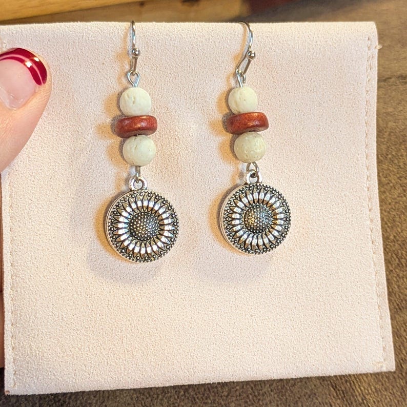 Large Sunflower Beaded Hook Earrings, Silver - - LadybugfeetDesigns -