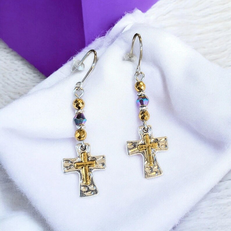 Two-Tone Cross Beaded Earrings - - LadybugfeetDesigns -
