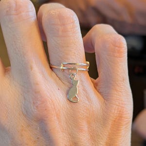 Kitten Adjustable Charm Ring, Silver - - LadybugfeetDesigns -