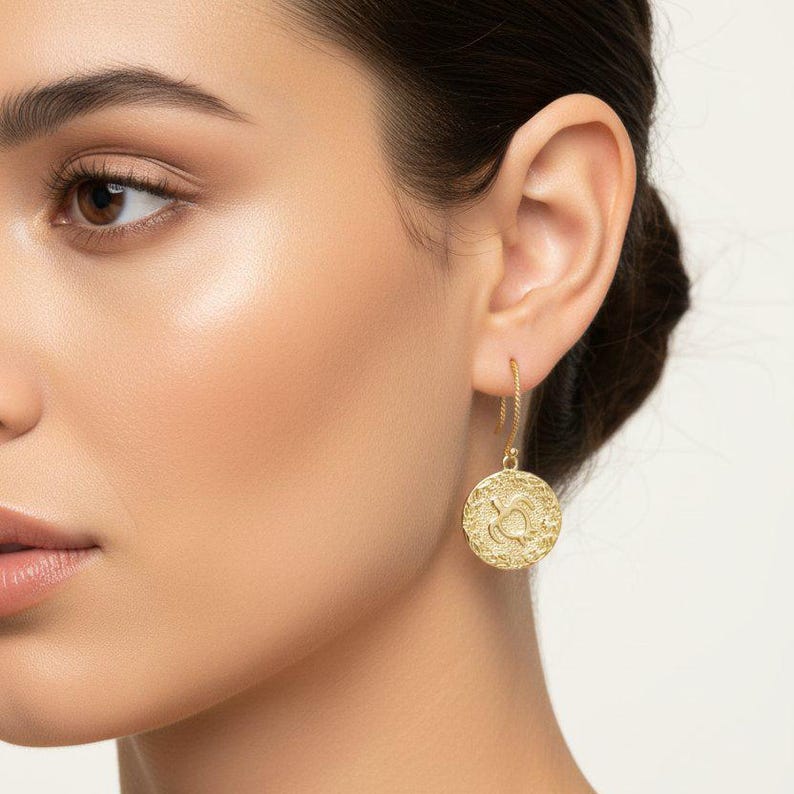 Hawaiian Sea Turtle Disc Hook Earrings, Gold - - LadybugfeetDesigns -