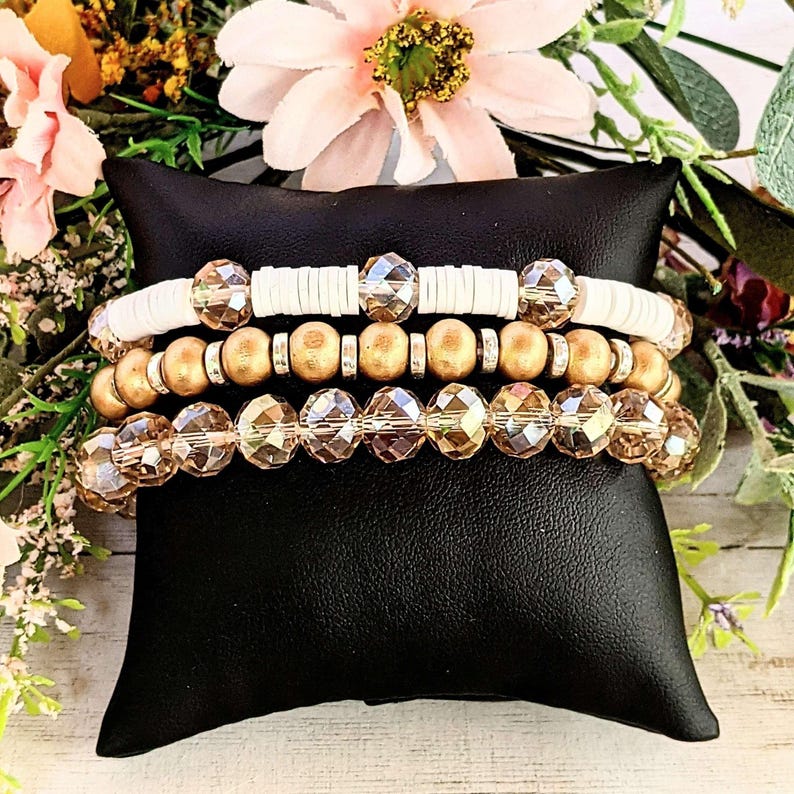 Cream & Crystals Stretch Bracelet Stack - - LadybugfeetDesigns -