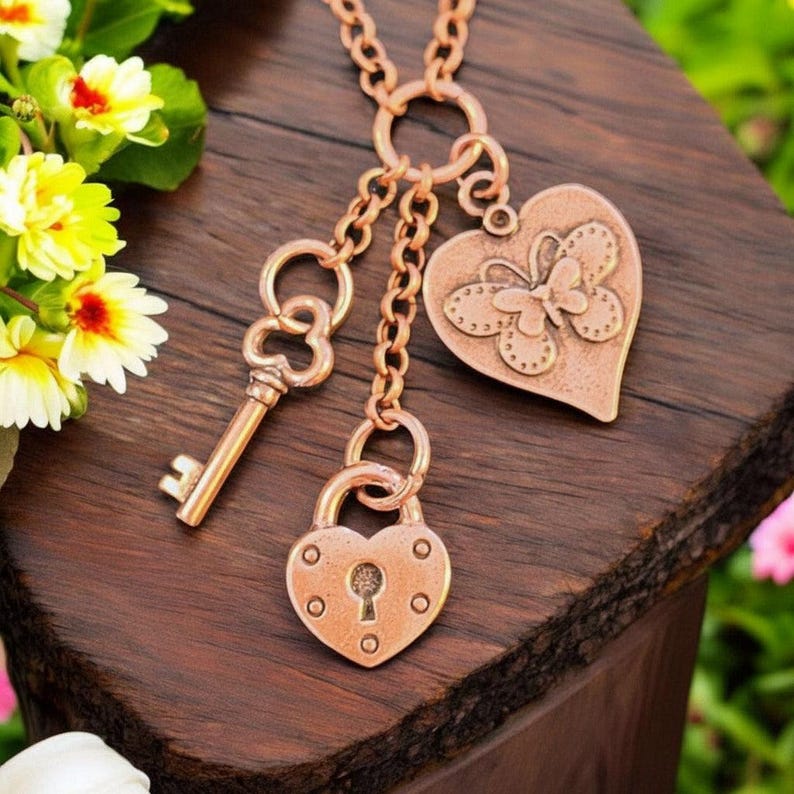 Heart Lock & Key Copper Charm Keeper Necklace, 18-24 inch - - LadybugfeetDesigns -