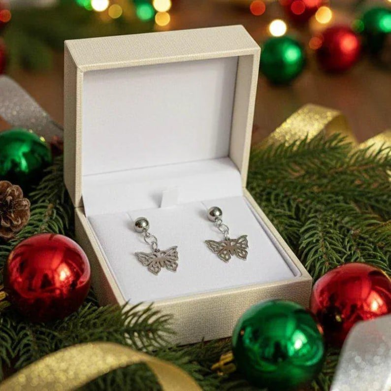 Butterfly Charm Drop Stud Earrings-Silver - - LadybugfeetDesigns -