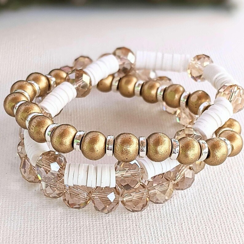 Cream & Crystals Stretch Bracelet Stack - - LadybugfeetDesigns -
