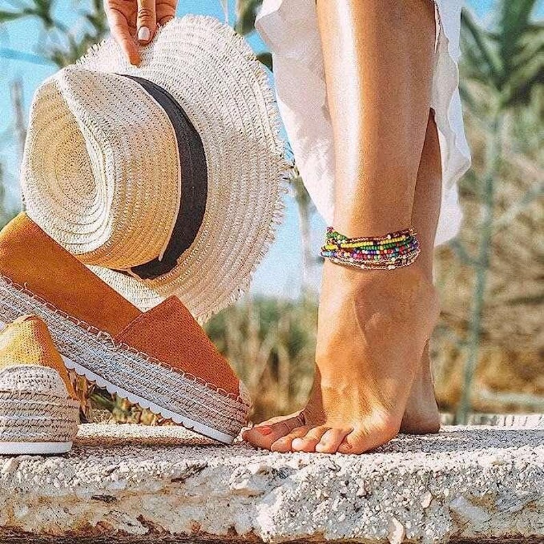 Beaded Stretch Cord Anklet-Clear Breeze - - LadybugfeetDesigns -