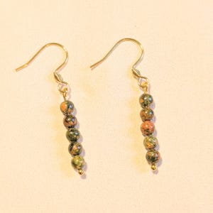 Unakite Beaded Hook Earrings, Gold - - LadybugfeetDesigns -