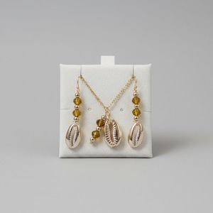 Cowrie Shell Crystal charm necklace and Earring set, Gold - - LadybugfeetDesigns -