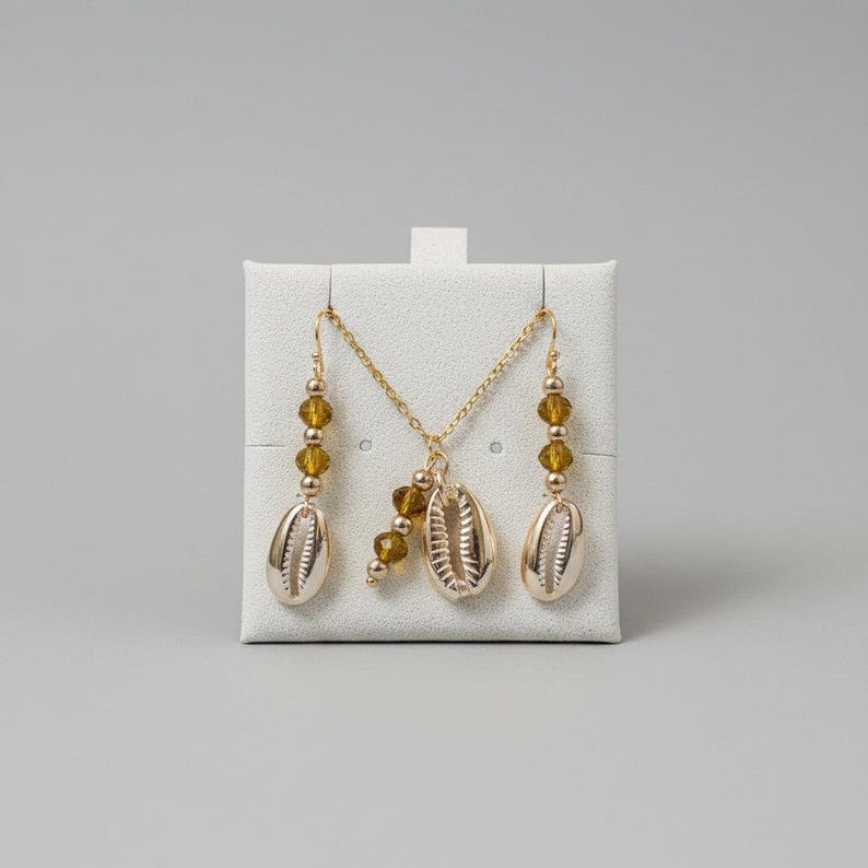 Cowrie Shell Crystal charm necklace and Earring set, Gold - - LadybugfeetDesigns -