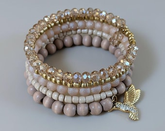 Hummingbird Crystal Beaded Gold Wrap Bracelet