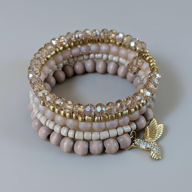 Hummingbird Crystal Beaded Gold Wrap Bracelet - - LadybugfeetDesigns -